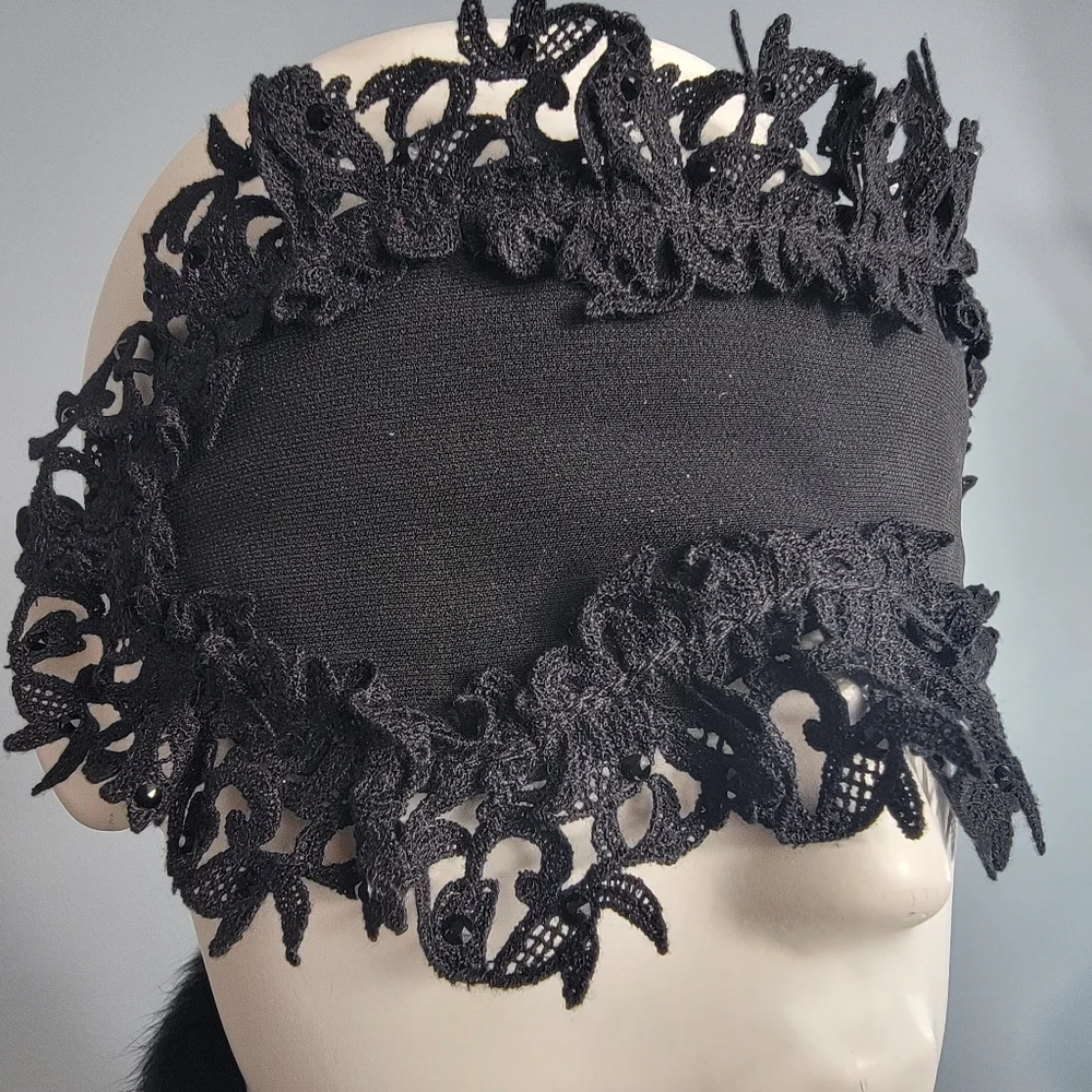 La Perla Silk Macramé Crystal Eye Mask Bridal Boudoir Luxury Black dark fairy